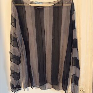 Prada Sheer Vertical-Stripe Blouse in Black and Gray